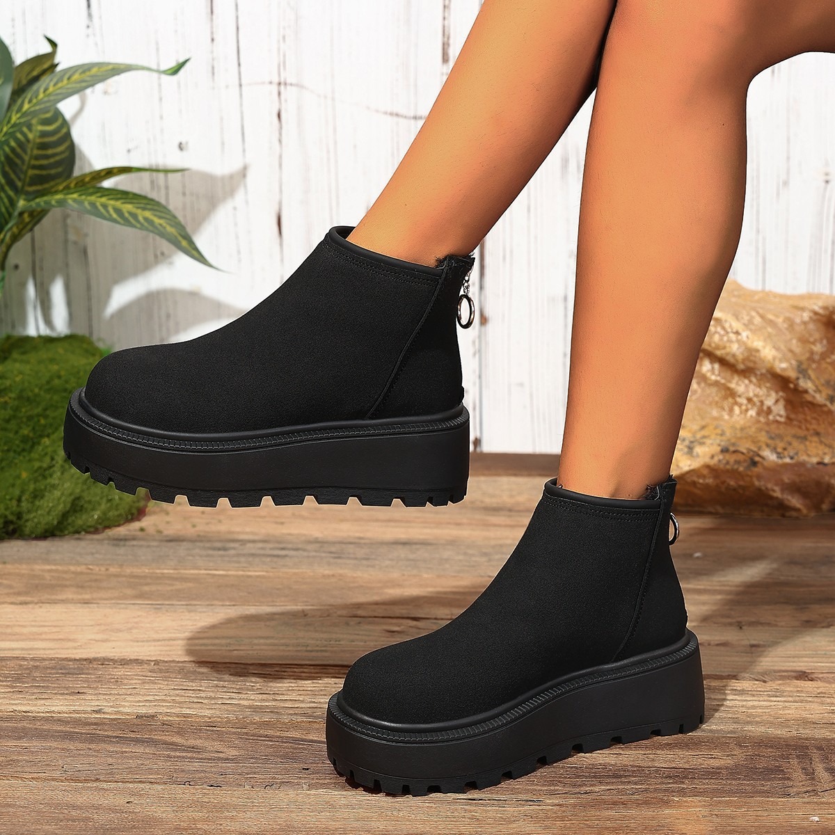 TEMU Ladies Stylish Platform Ankle Booties Back Zipper Design Short Boots For Urban Weekend Social Gatherings Evening Occasions Casual And Versatile
