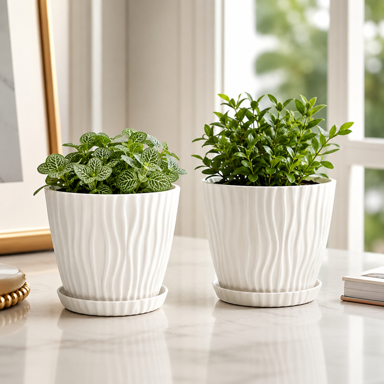 TEMU 2pcs White Ripple Flower Pot With Drainage Hole, Flower Pot With Tray, Flower Pot For Home Balcony, Window, Desktop Decoration, Cactus, ,