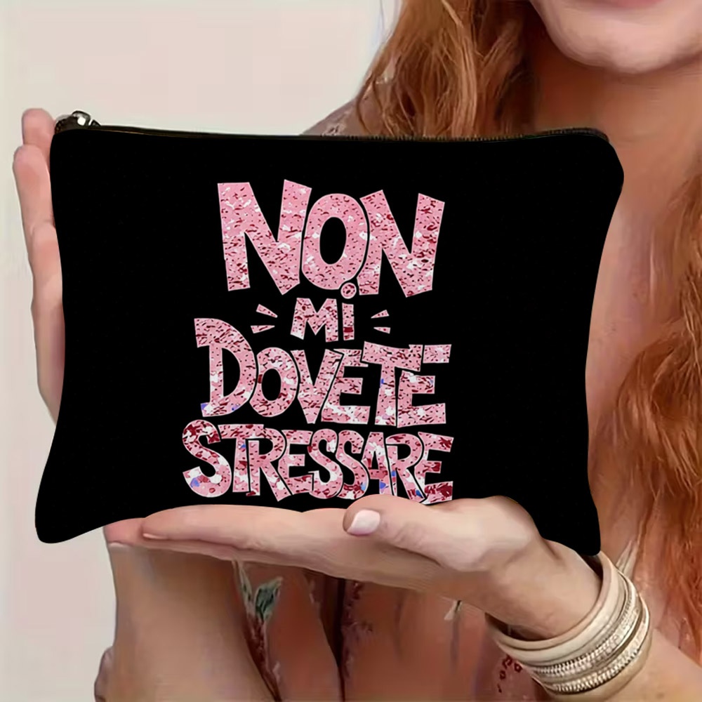 TEMU Glittery Pink Italian Makeup Bag "non Mi Dovete Stressare" - Distressed Black Background Cosmetic Suitable For Travel & Beauty Storage, Durable