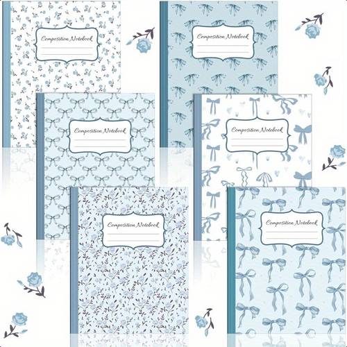6pcs bow composition notebooks preppy coquette notebook college ruled journal 110 page cute back to school gift for teacher day of school blue 93 4 x 71 2