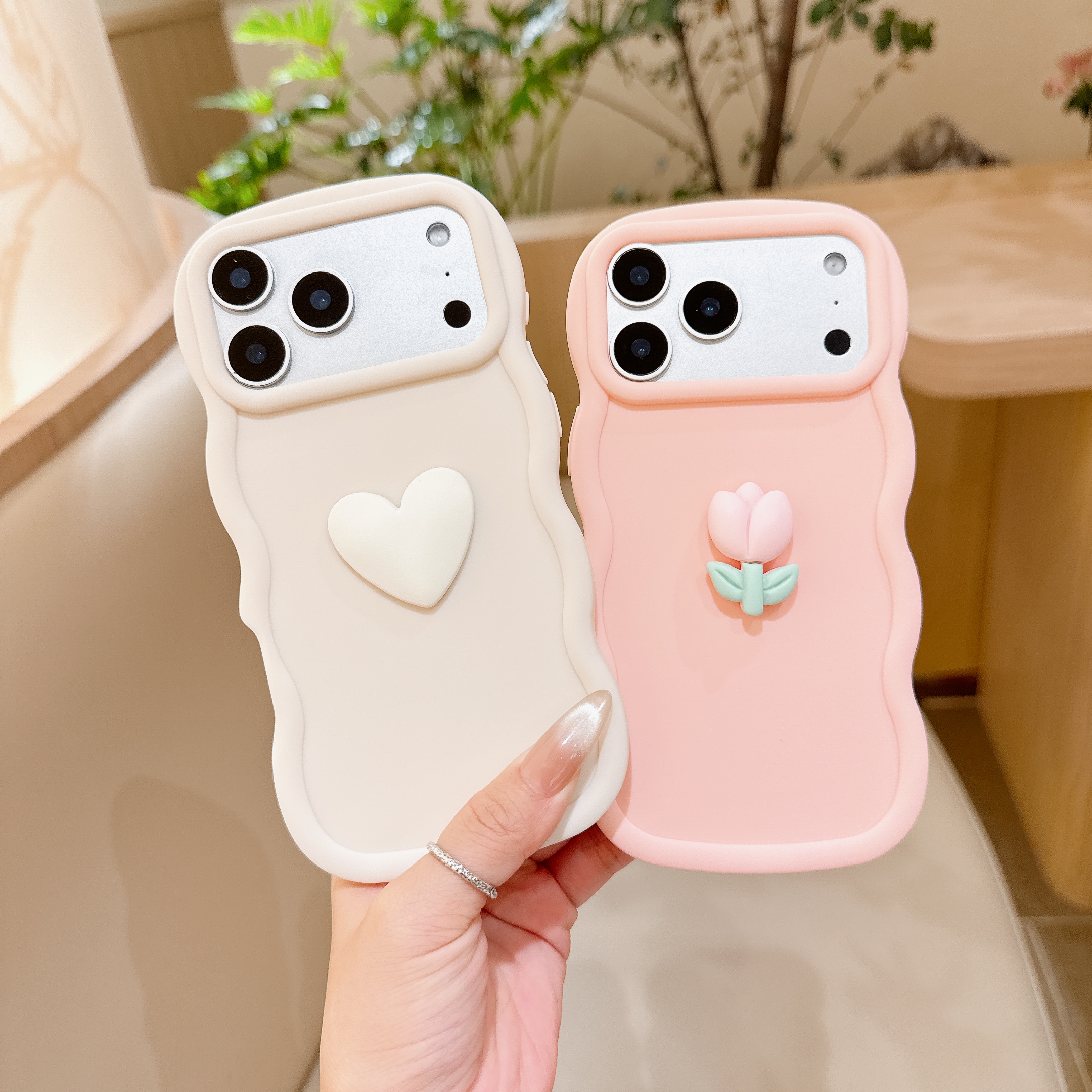 TEMU Phone Case - 2-pack Macaron Phone Cases, 1pc White 3d Heart Phone Case And 1pc Pink 3d Tulip Phone Case Suitable For Iphone 18pro Max/18