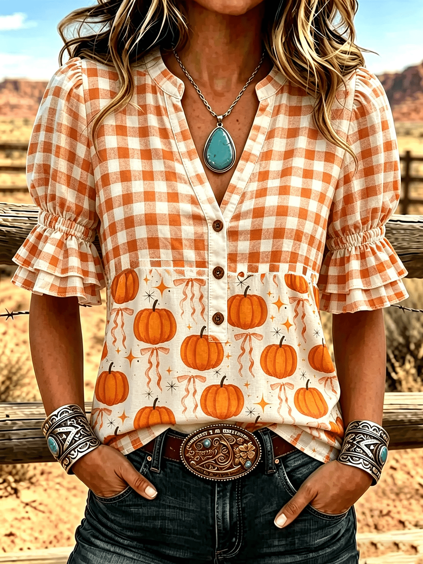 womens gingham   pumpkin print blouse notched v neck ruffle short sleeve button casual fall tops