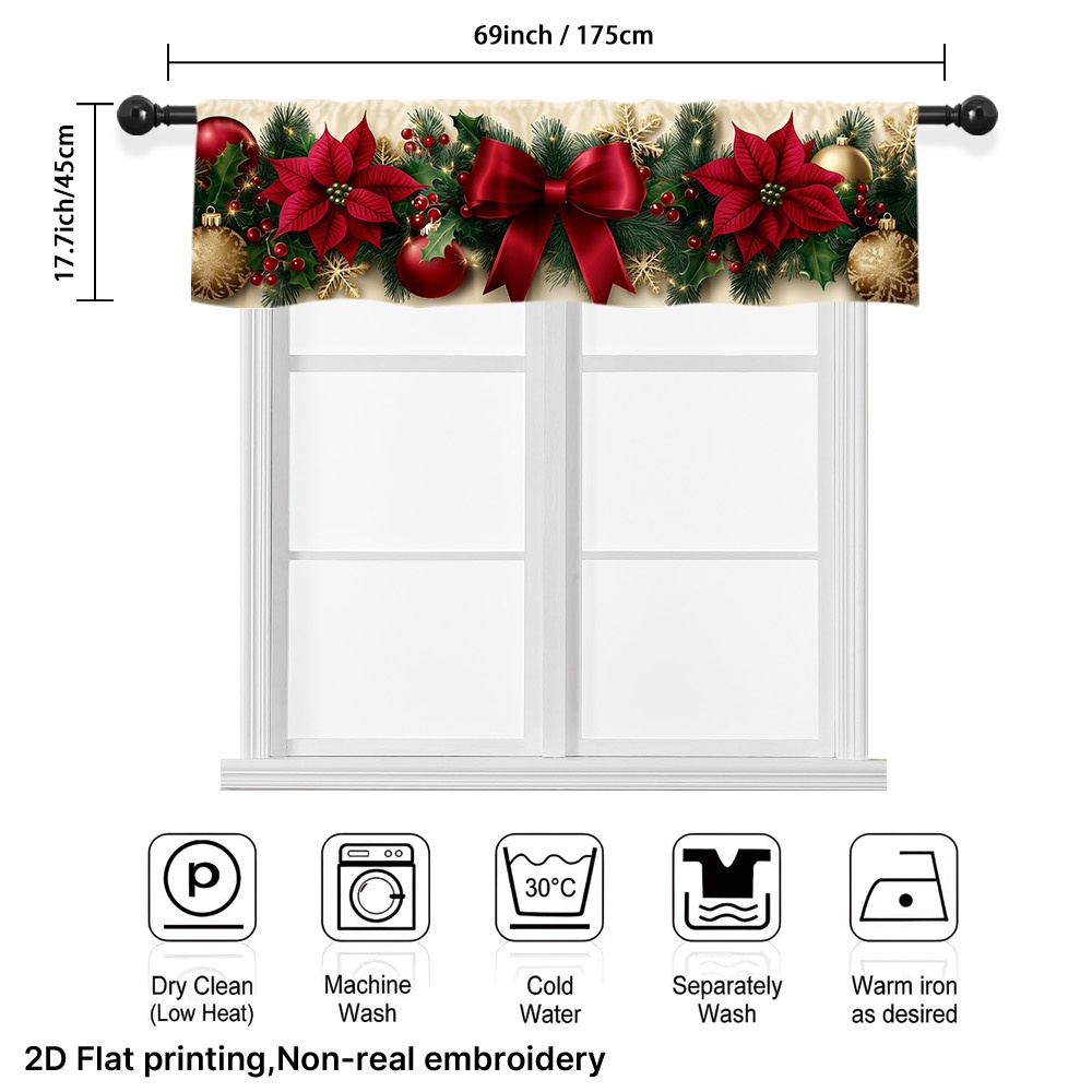 TEMU 2d Flat, 1pc Of Christmas Floral Arrangementprinted Kitchen Short Curtains Featuring, With A Rod Pocket For , Great For Kitchens, Bathrooms,