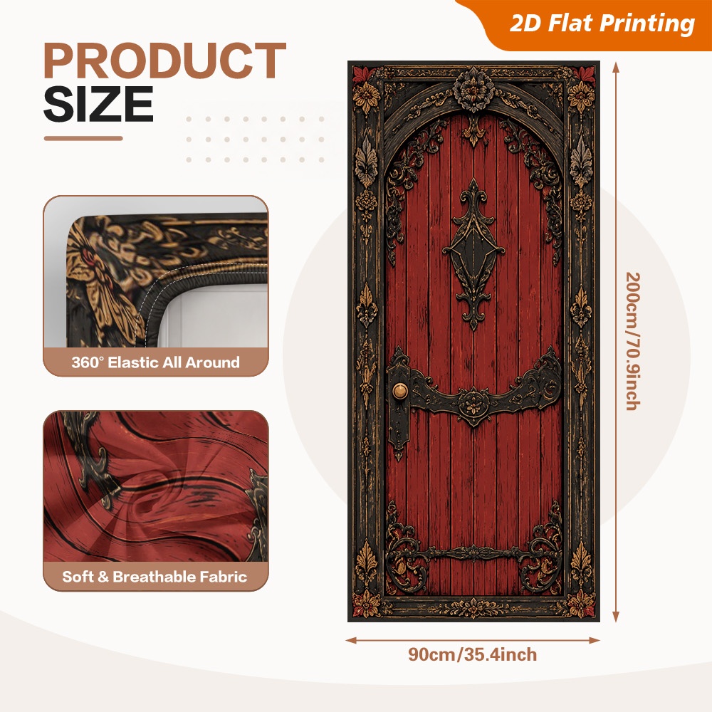 TEMU 2d Flat, 2d Flat - 2d Flat, 2d Flat - (2d Flat) 1pc Ornate Red Gothic Door Door Frame Banner, Quick Setup With Elastic Band, Great For Holiday