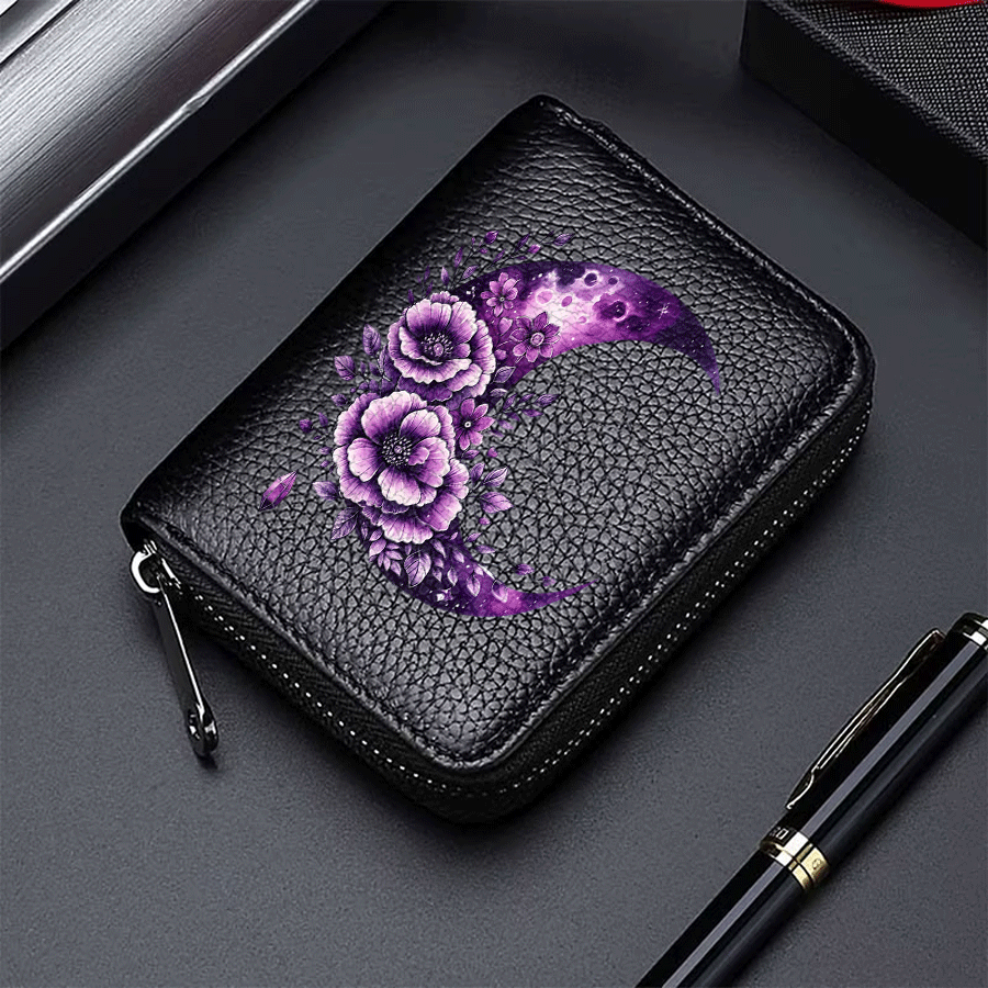item picture   rose flowerleleather pattern card bag pu anti theft wallet with zipper multi slot accordion style   suitable for business and daily use