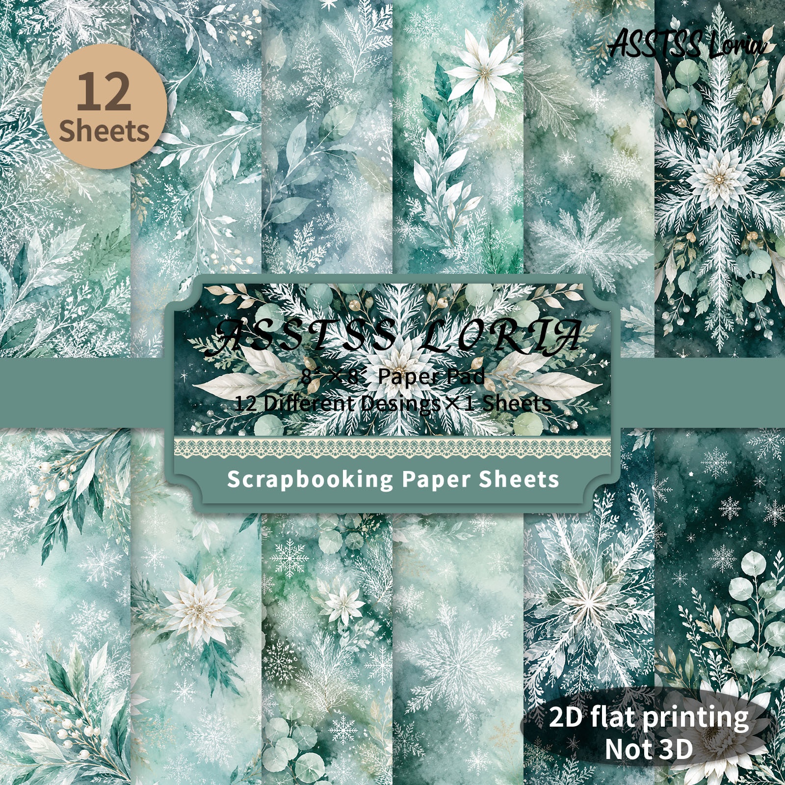 TEMU Lot de 12 feuilles de papier scrapbooking ASSTSS Loria 8X8 pouces, papier de support hiver sur le thème des plantes et des de neige, papier de