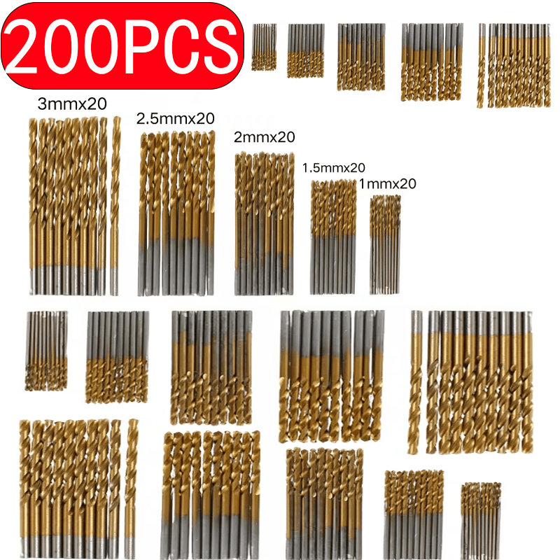 TEMU Set di 200 punte da trapano HSS rivestite - Multi-misura 1/1.5/2/2.5/3 mm per taglio metallo, superficie con gambo filettato