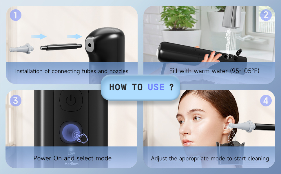 Water Powered Ear Cleaner with Water Temperature Indicator, 4 Pressure Modes Earwax Removal, 3 Jet Stream Flushing System Ear Irrigation Kit, Safe& Effective Ear Cleaner with Basin& 6 Tips (Black)