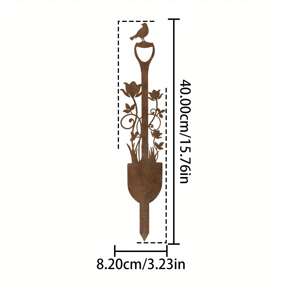 TEMU 【2d Flat】 1pc Rusty Metal Garden Shovel Stake With Bird & Flower Decor, Heart-shaped Yard Art, Countryside Garden Decoration, Patio/balcony Gift