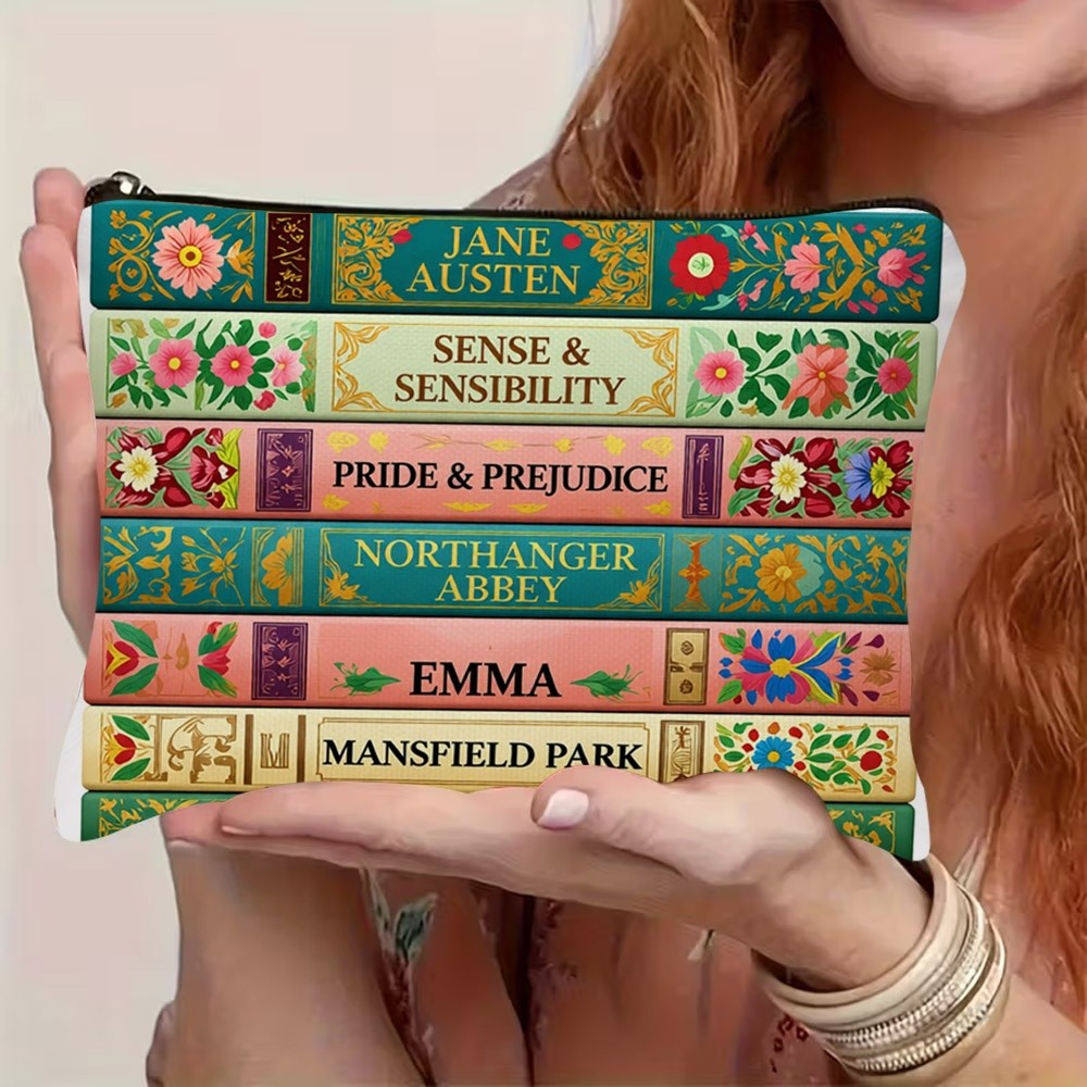 TEMU 1pc 2d Flat Printed Jane Austen Book Spine Pattern Cosmetic Bag With Zipper Closure, Lightweight And Durable, With Exquisite Floral , Ornate