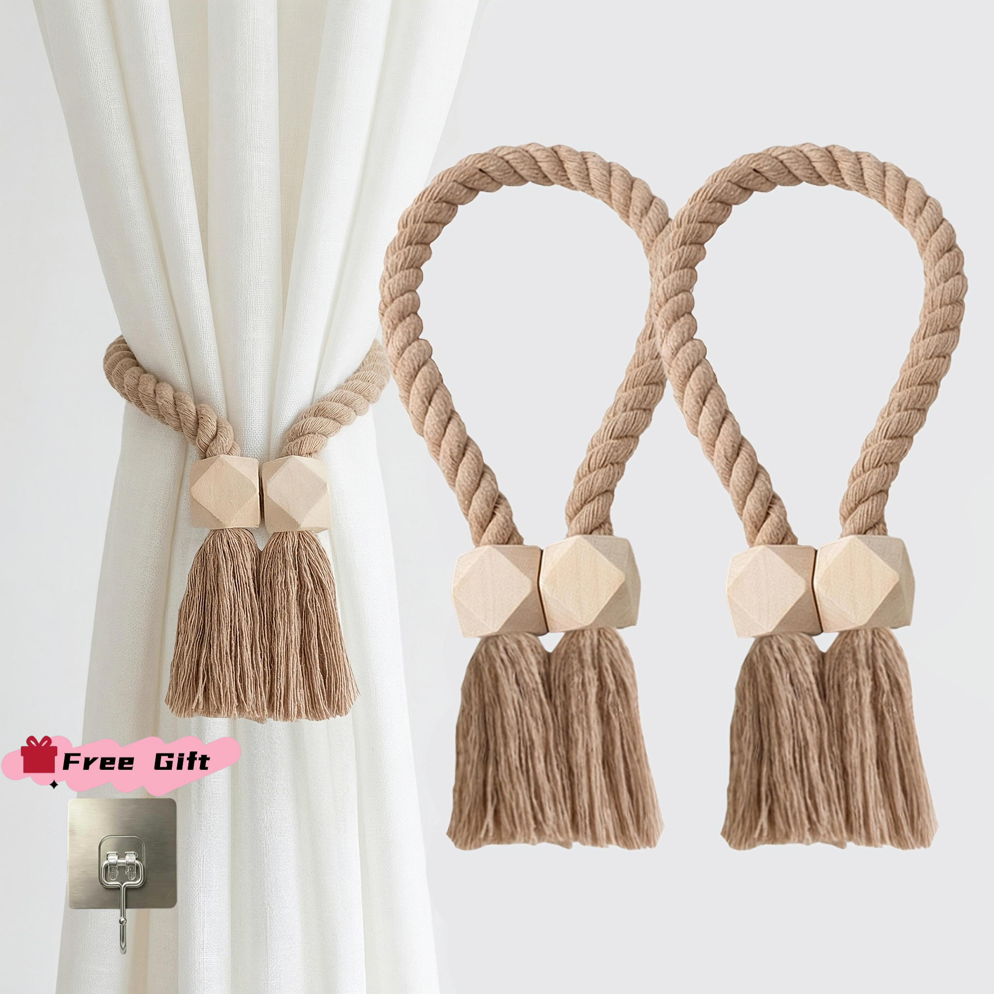 TEMU 2pcs Wooden Bead Magnetic Curtain Tiebacks And 1pc Free Gift Hook, Hand Rope Curtain Tie, Bohemian Style With Geometric Wooden Beads, Hand
