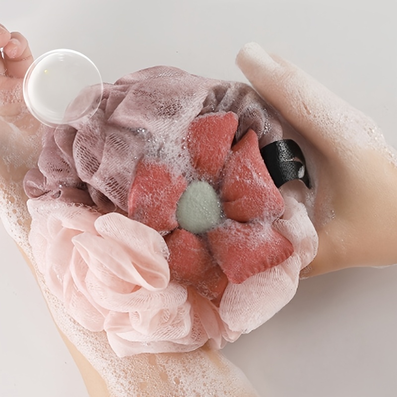 2pcs Set: Bath Ball & Heart-Shaped Hook, Floral Bath Flower