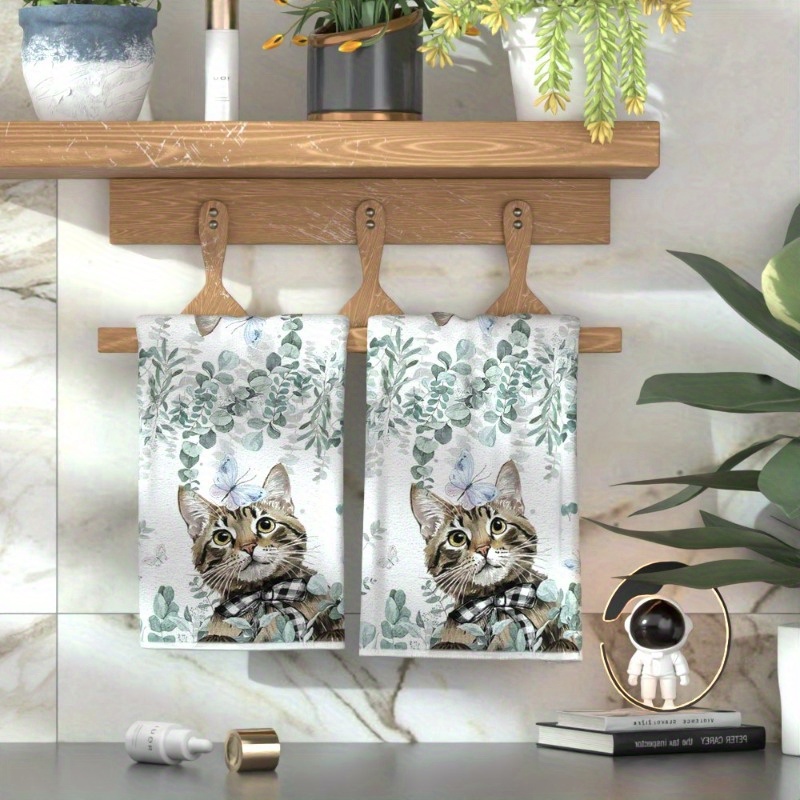 

2pcs Cute Cat Design Kitchen & Bathroom Towels - , Polyester Hand Towels For Home Decor - Perfect Gift For Cat Lovers