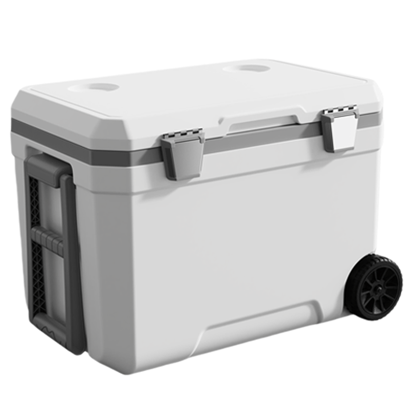 45 liter doppelkühlbox mit isolierung, universal-rad, tragbarer trolley, getränkehalter, pp-innentank, dichter dichtung, sicherer schlüssel, blau, weiß, grün,  