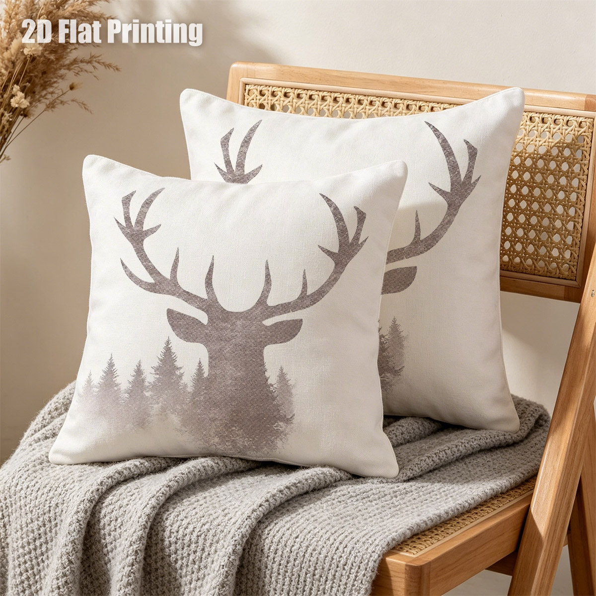 TEMU 2d Flat 2pcs Rustic Deer Silhouette Throw Pillow Covers, Double Prints Forest Themed Deer Head, For , Bedroom Decor, Cabin Living, For , No