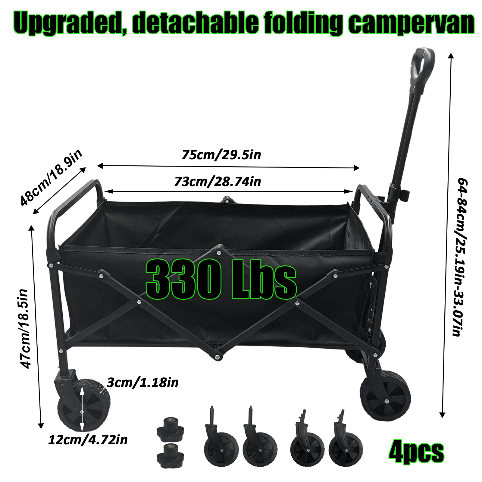 TEMU 1 X Heavy-duty Collapsible Utility Wagon Cart With 330 Capacity, Folding Wagon With Adjustable Handle (19.3"-28.3"), Removable Silent Casters &