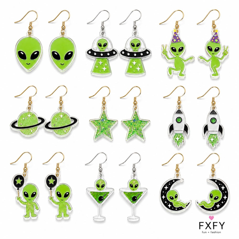 TEMU 2d Flat, 2d Flat Printed 18pcs/9-pair Women's Fun Earring Set, Cute And Ufo Design, Elegant And Stylish, Suitable For Parties, Work, School,