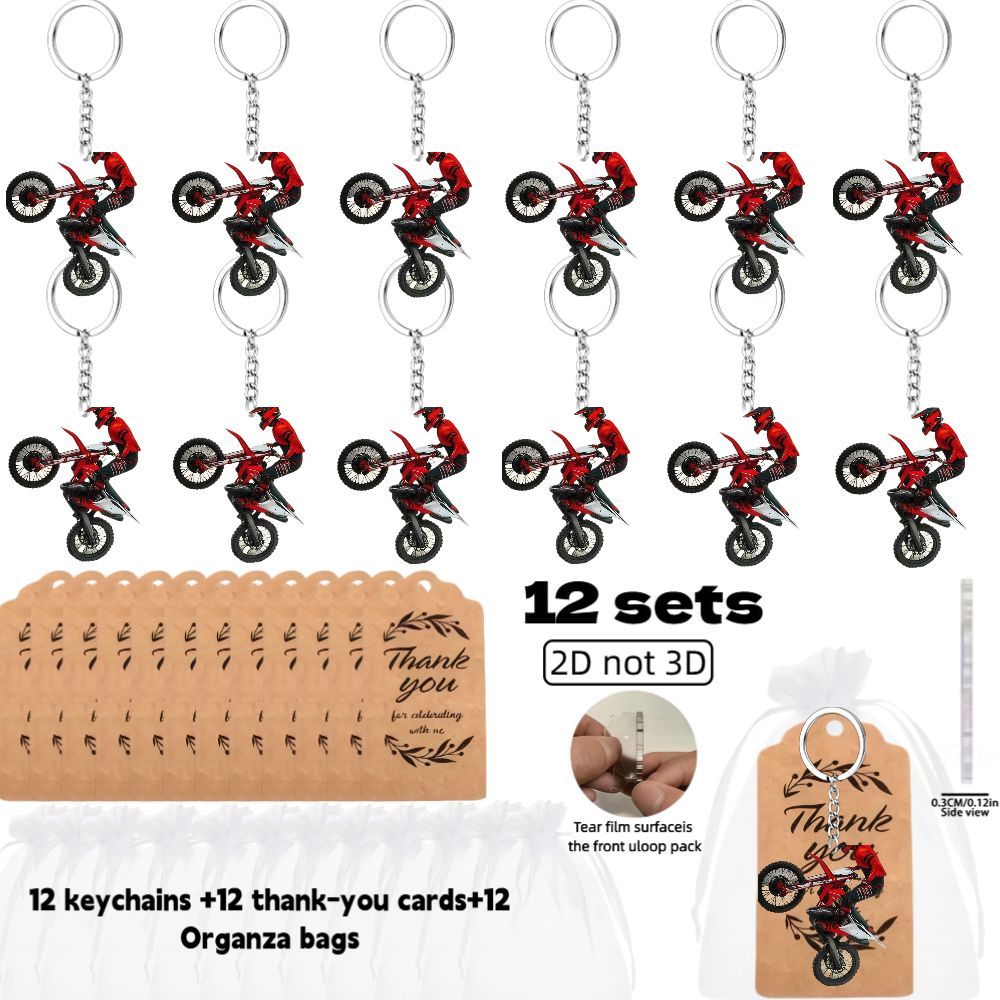 TEMU 2d Flat, 2d , A Unisex Gift, 6/12 -road Motocross Rider Stunt Action Red And Keychain Set, Party Gift Combo - Includes 6/12 2d Design Acrylic