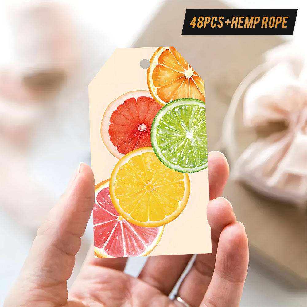 TEMU 48 Stück Bunte -Scheiben-Geschenkmarken mit Hanfschnur - Lebhafte Orange, Zitrone und Grapefruit-Designs, für frische Themen-Geschenke,
