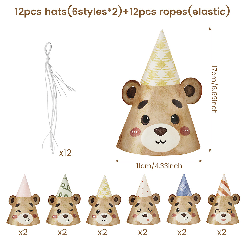 TEMU 6/12pcs Brown Bear Birthday Party Hats, Cute Colorful Cone Party Caps, Bear Theme Birthday Party Decorations Photo Booth Props Party Supplies,