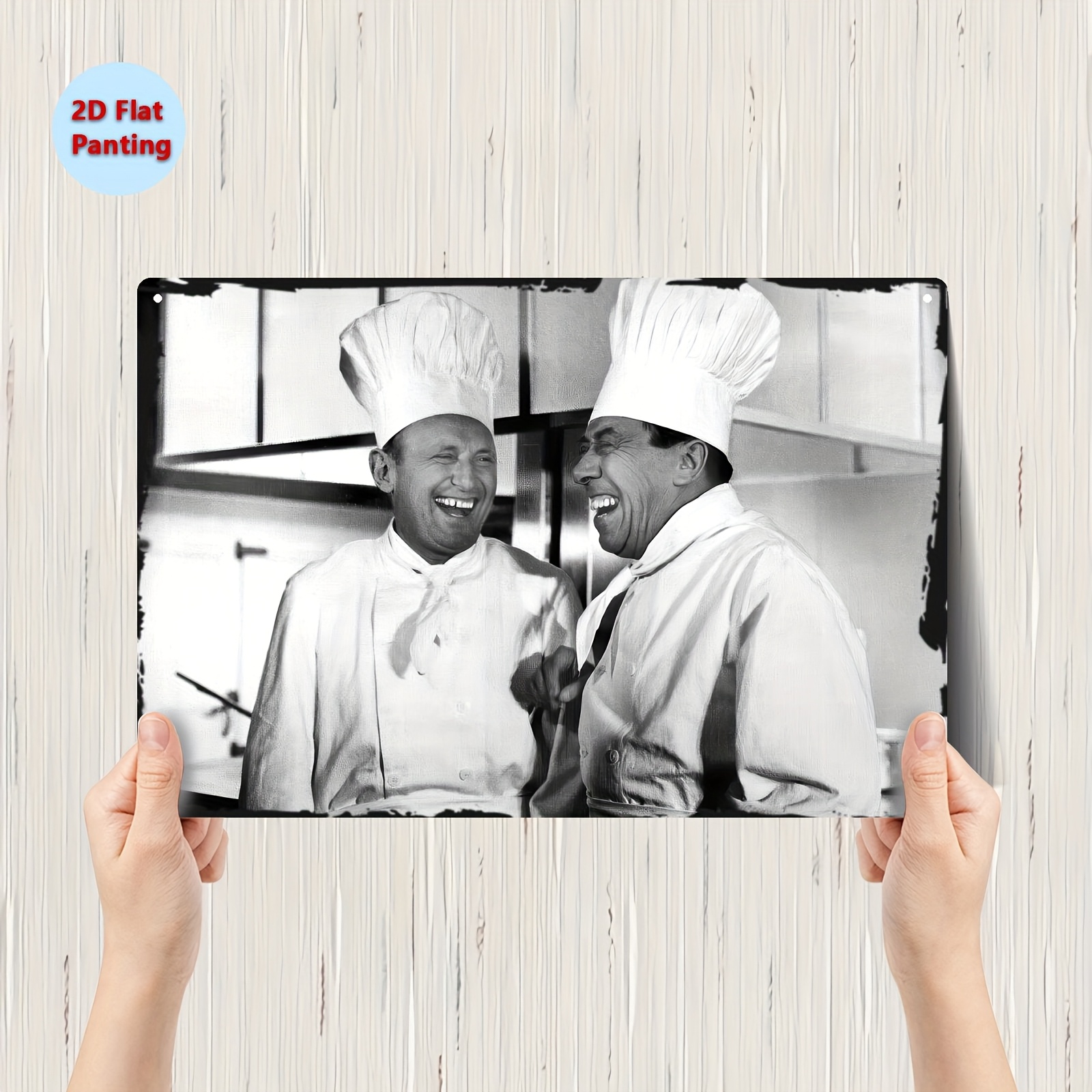 TEMU Plaque murale en métal 2D plate, 1 pièce - Bourvil & Fernandel Chef Scène de Décoration de cuisine vintage, 20X30Cm/8X12In Panneau en métal 2D