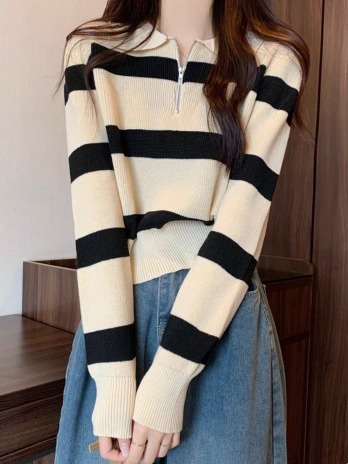 Striped Retro Lazy Wind Collar Loose Sweater Womens
