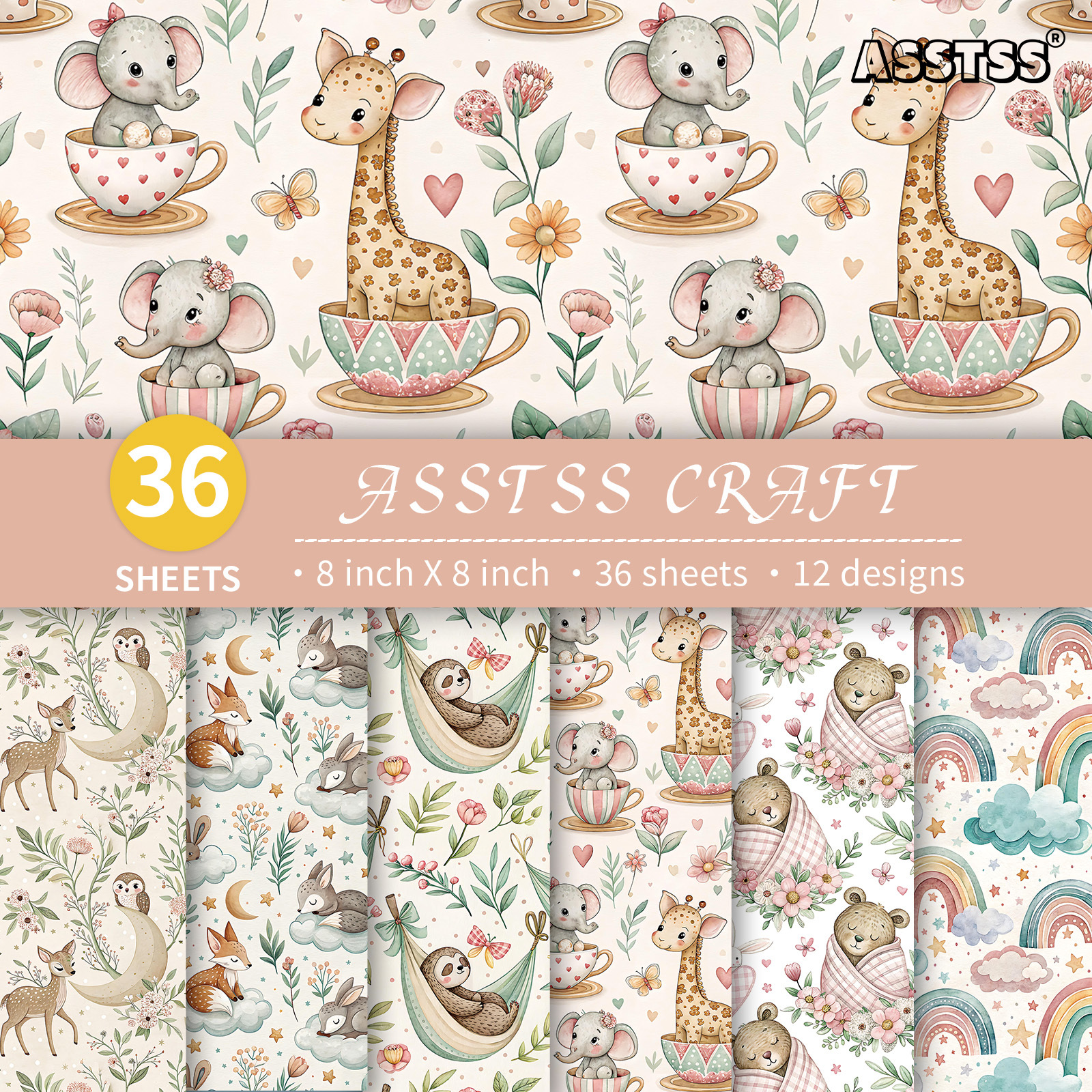 TEMU ASSTSS Bloc de Papier Scrapbooking de 36 Feuilles - Carton Épais avec Thèmes de Forêt Guérissante, Animaux Mignons & Aquarelles - Convient pour