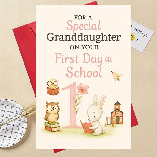 gift for a granddaughter on her first day of school featuring a cute owl and greeting card with theme to commemorate the occasion