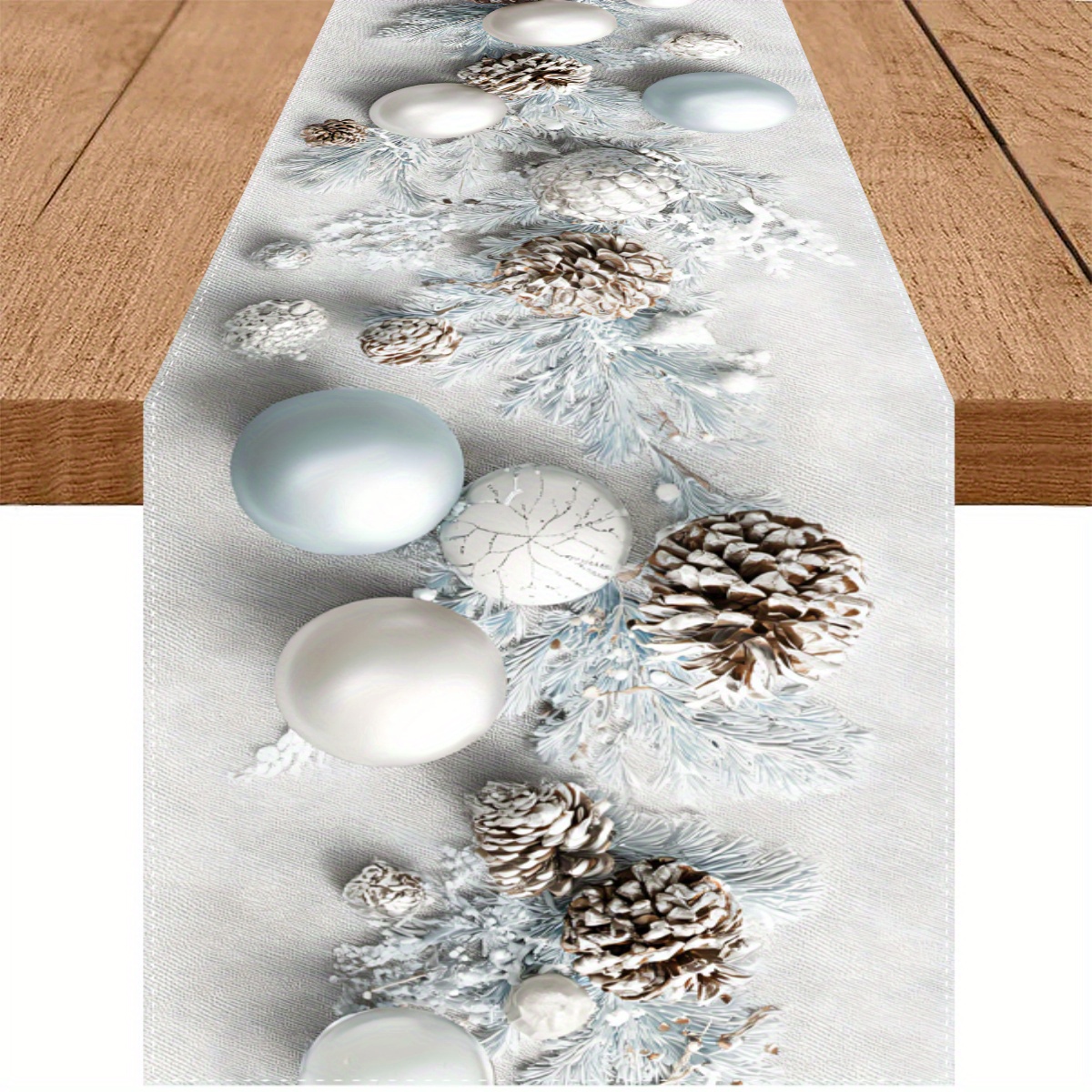 TEMU A Single Polyester Table Runner Designed With A Christmas Motif That Includes Pine Cones, Pine Branches, Silvery Ornaments, And Snowflake