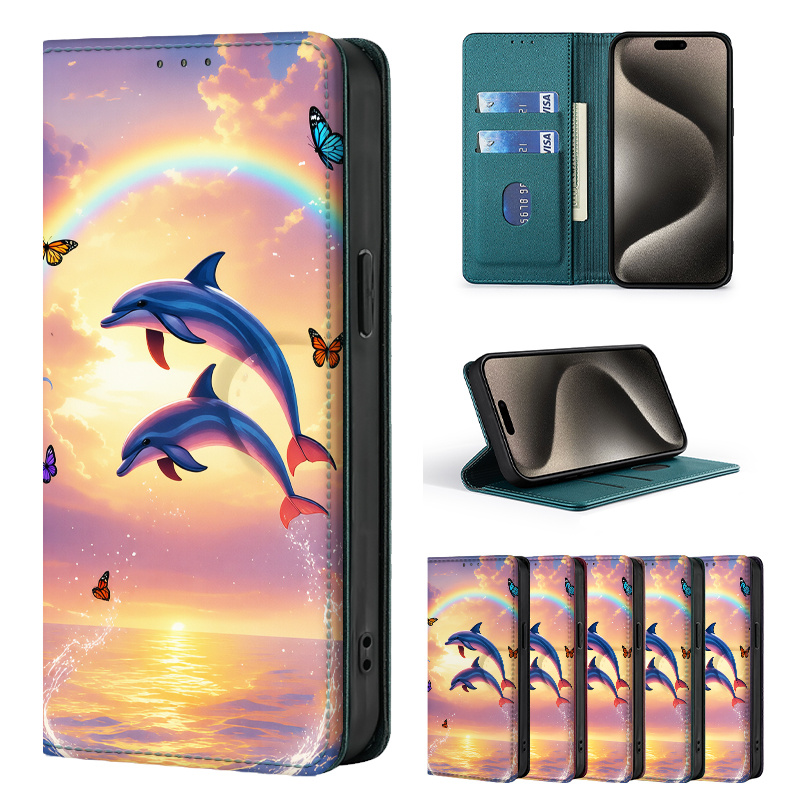 TEMU Phone Case - Colorful Painted Double-fold Edge, Faux Leather Flip Cover Creative Phone Case With Card Slot Anti-theft Stand Wallet, For Iphone