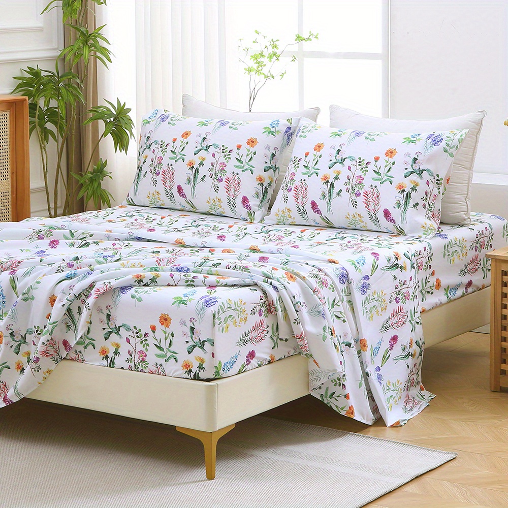 TEMU 2200tc Hotel Quality 4pcs Bed Sheet Set Floral Print Bedding - Includes Fitted Sheet, Flat Sheet And 2 Pillowcases, Queen Size Sheet Sets Soft