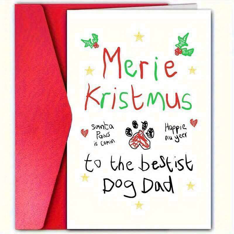 TEMU Dog Dad - Unique Santa Paw Print Christmas Card With Envelope, Creative Father's Day Card
