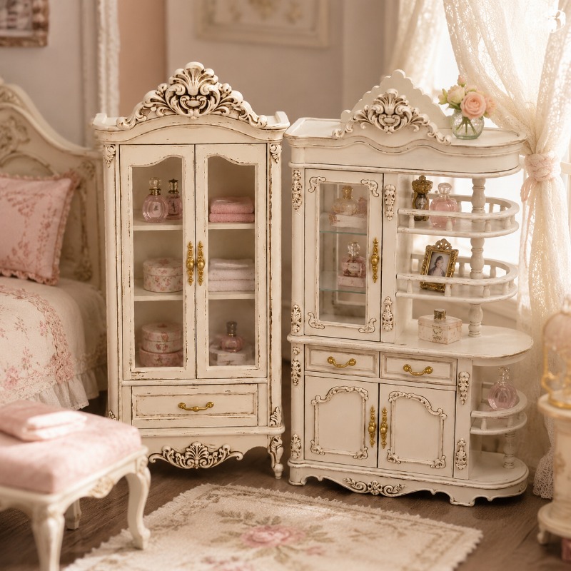 TEMU [yc Local Mall] New Retro Rococo Style Toy House Furniture, White Screen Cabinet, And Double Door Wine Cabinet. Product Does Not Light. Please
