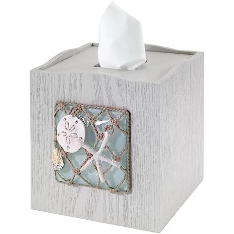 1pc coastal tissue box cover - elegant beach bathroom decor in turquoise  , decorative resin storage lid with  ,   collection - compatible with tissue boxes, candles, soap dispensers - easy-clean bathroom organizer for coastal home décor - hand-painted resin design, food-safe, hand wash only, round shape, seaside-inspired with turquoise glass accents, tissue holder bathroom Product details 1