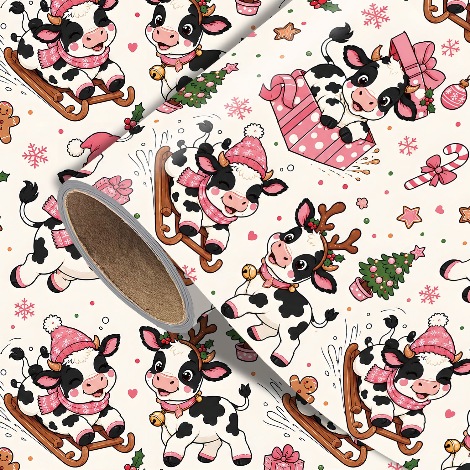 TEMU Roll Christmas Cow Wrapping Paper Suitable For Xmas Gifts, Birthdays & Party Decorations - Single-sided Print With Santa Cow, Snowflakes,