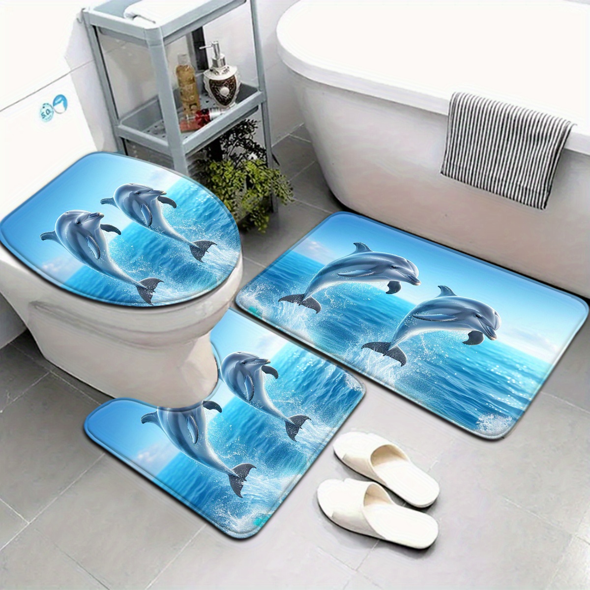 E-shop 3er-Set/4er-Set Ozean-Serie Delfin-Muster Toilettensitzbezug und Bodenmatte