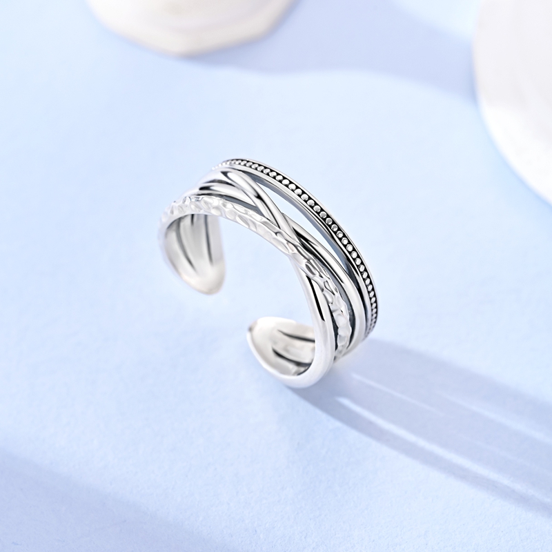 Women's 925 Silver Multi-Layer Texture Open Ring, Elegant Design