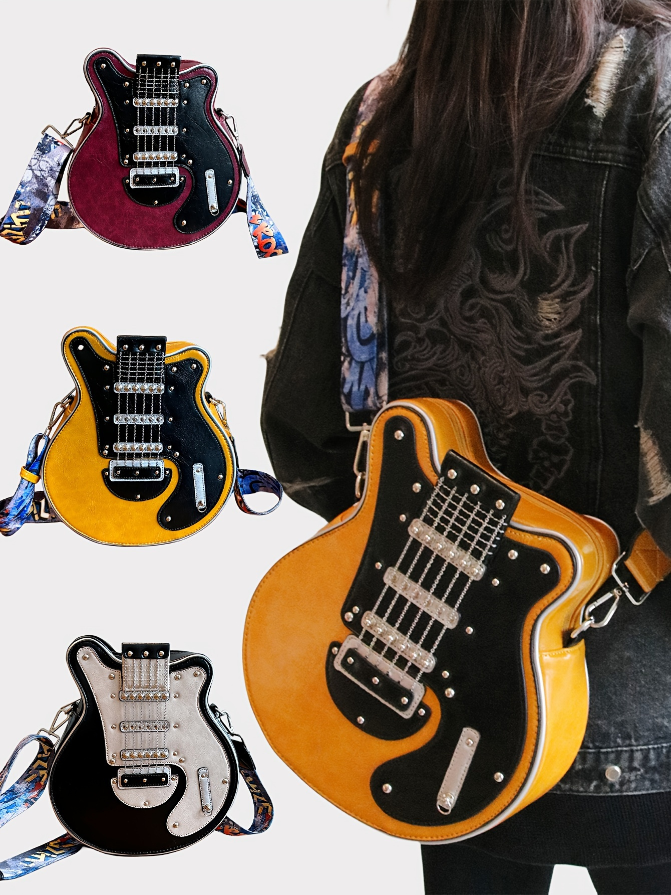 Distinctive Creative Y2K Hot American Style  Guitar Shaped Bag Beth Guitar Shaped Bag Shoulder Bag Crossbody Bag Fashionable Chain Rivet Decoration Color Contrast Wide Shoulder Strap Women's Bag Street Unisex Bag
