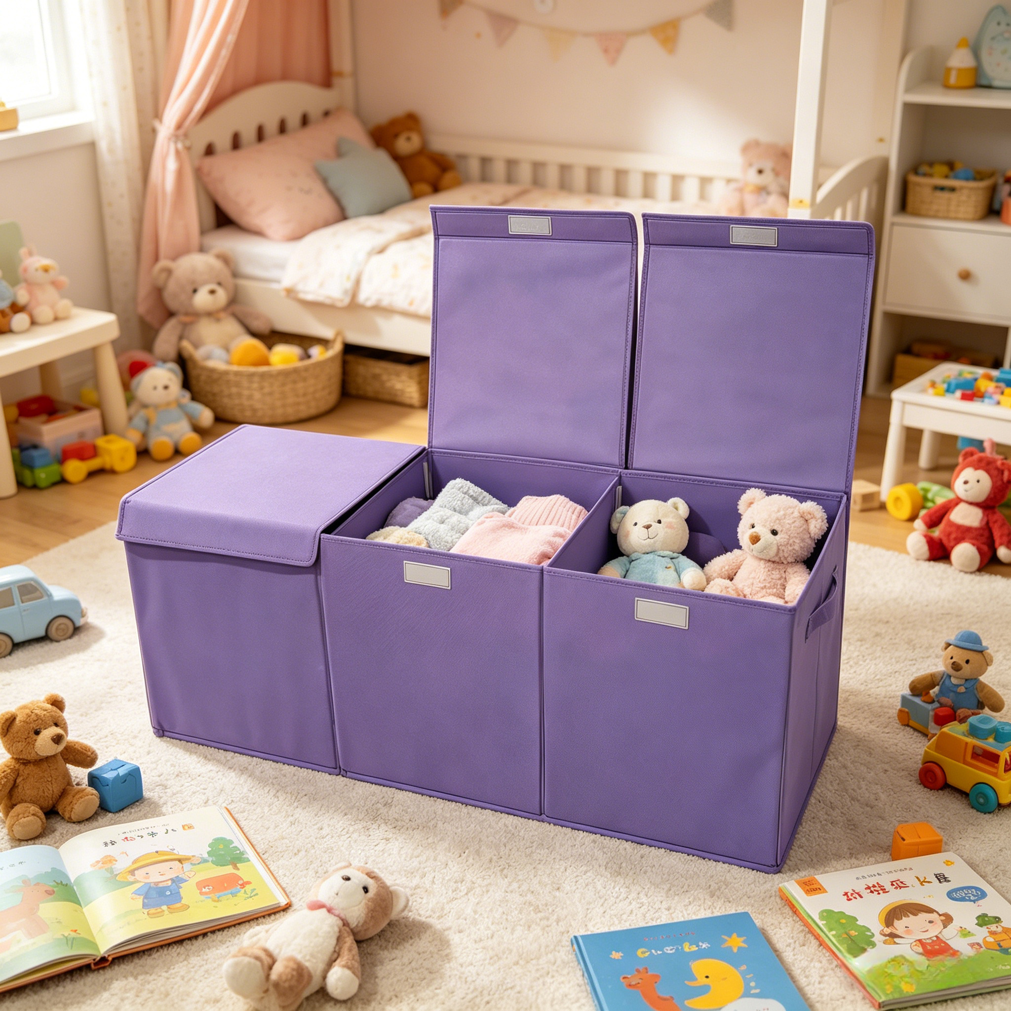 3-Grid Storage Organizer, Extra-Large Foldable Sturdy Basket with Mesh Pockets, 40 Inches Size, Pink Purple Grey Kids Container, Holiday Gift for Multi-Scene