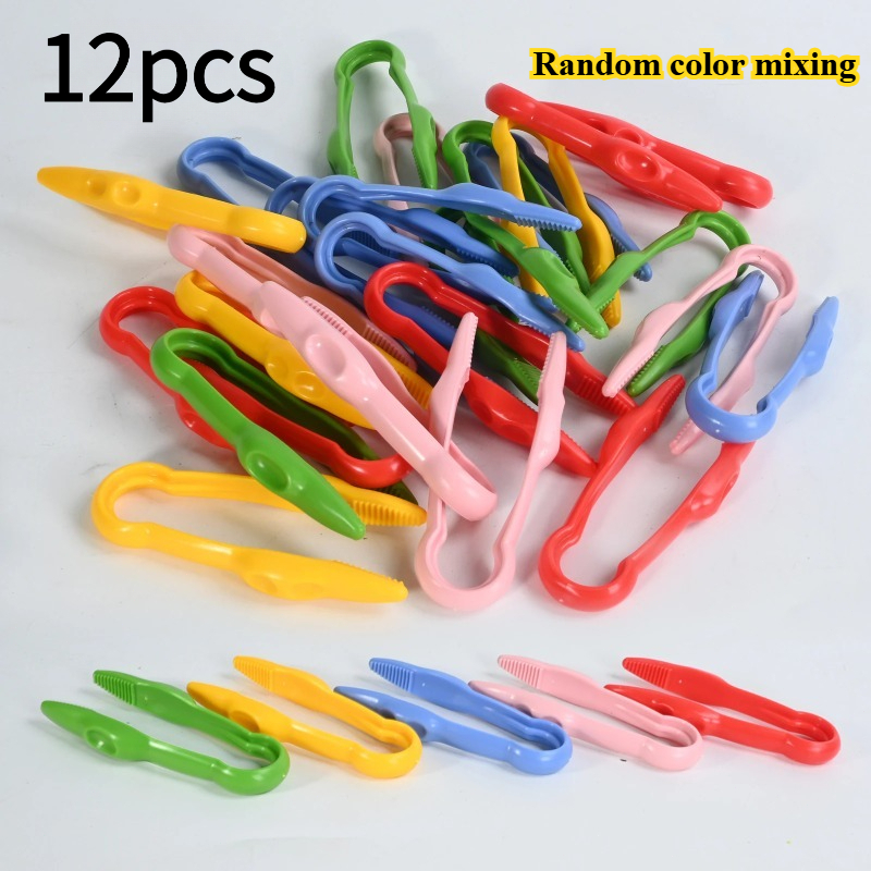 TEMU 12pcs Random Color Fine Motor Training Tools: Pressure Head Tweezers, Color Clips, Plastic Tweezers, Used For Fine Motor Training