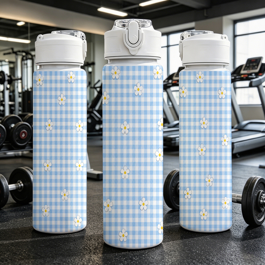 item picture 1pc 25oz 750ml water bottle cup with lid 2d printed   top printed reusable drink drinking cup white daisies   over a   and white gingham check pattern daily work yoga practice beach   and weekend hiking easy carry