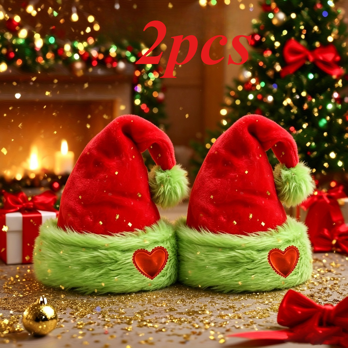 TEMU 2 Stk. fluoreszierend grüne Haipai Plüschmützen mit herzförmiger Krempe & doppellagigen Bommel - Weiche Weihnachts-Partymützen geeignet für