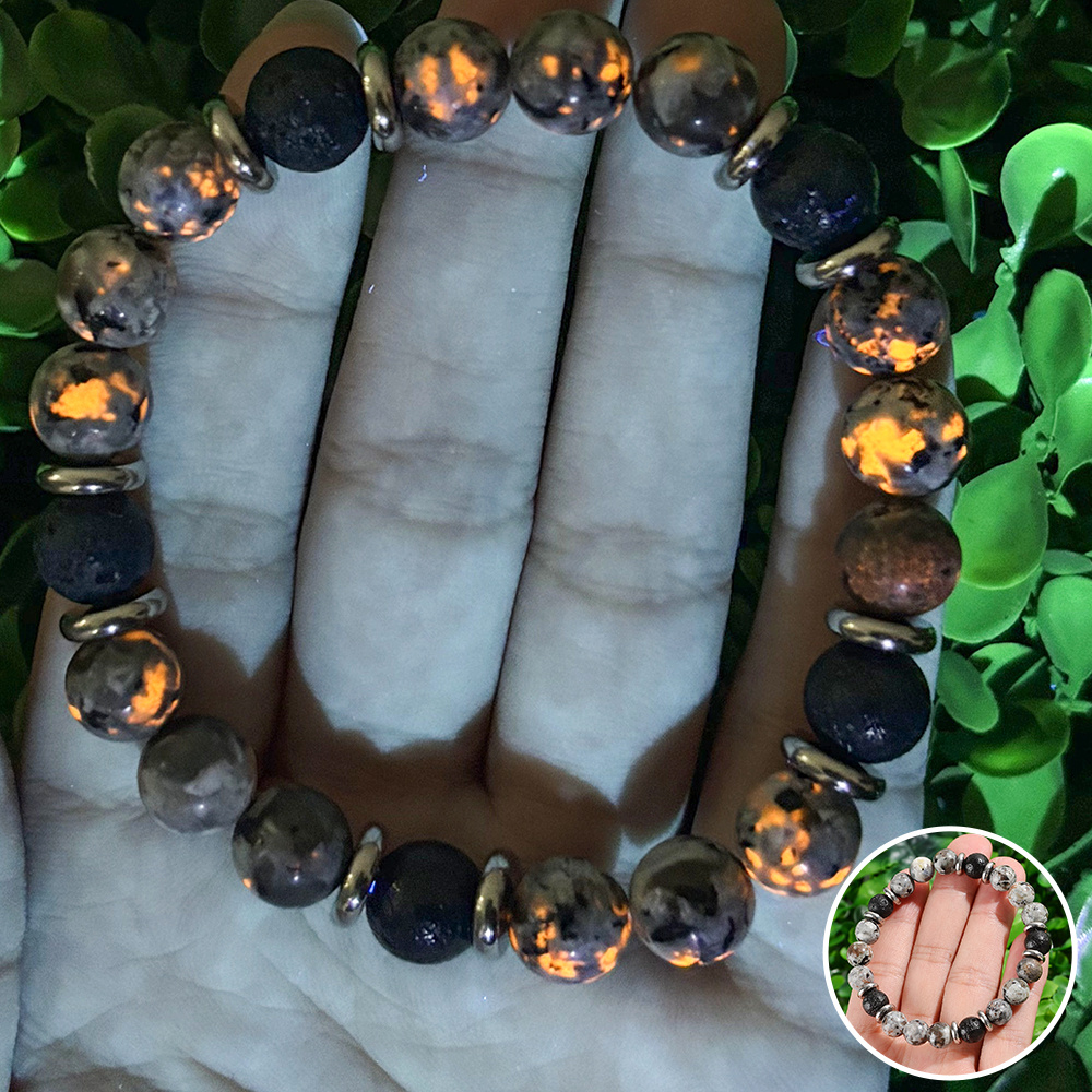 TEMU 1pc Bracelet en Yooperlite Naturel de 8mm avec Flamme - Style Rétro - Brille Violette - Idéal pour & Cadeau Unique pour les Tendanceurs