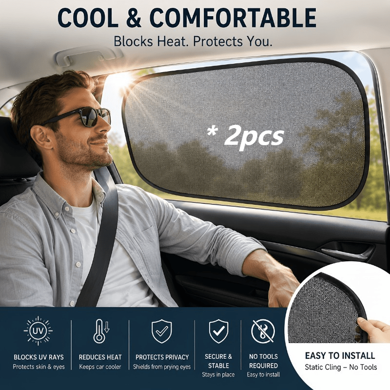 TEMU 2pcs Electrostatic Car Sun Shades Uv Blocking & Heat Suitable For Most Sedans/suvs, Semi-transparent Window Covers With Foldable, Installation