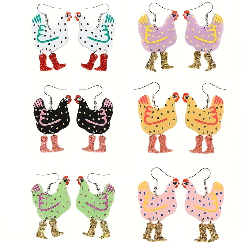 TEMU 2d Flat - 2d Plane 12pcs Cute Chick Earrings - Fun Chicken-shaped Pendant Earrings With Eyes And Mouth, Lightweight Acrylic, Women's Fashion