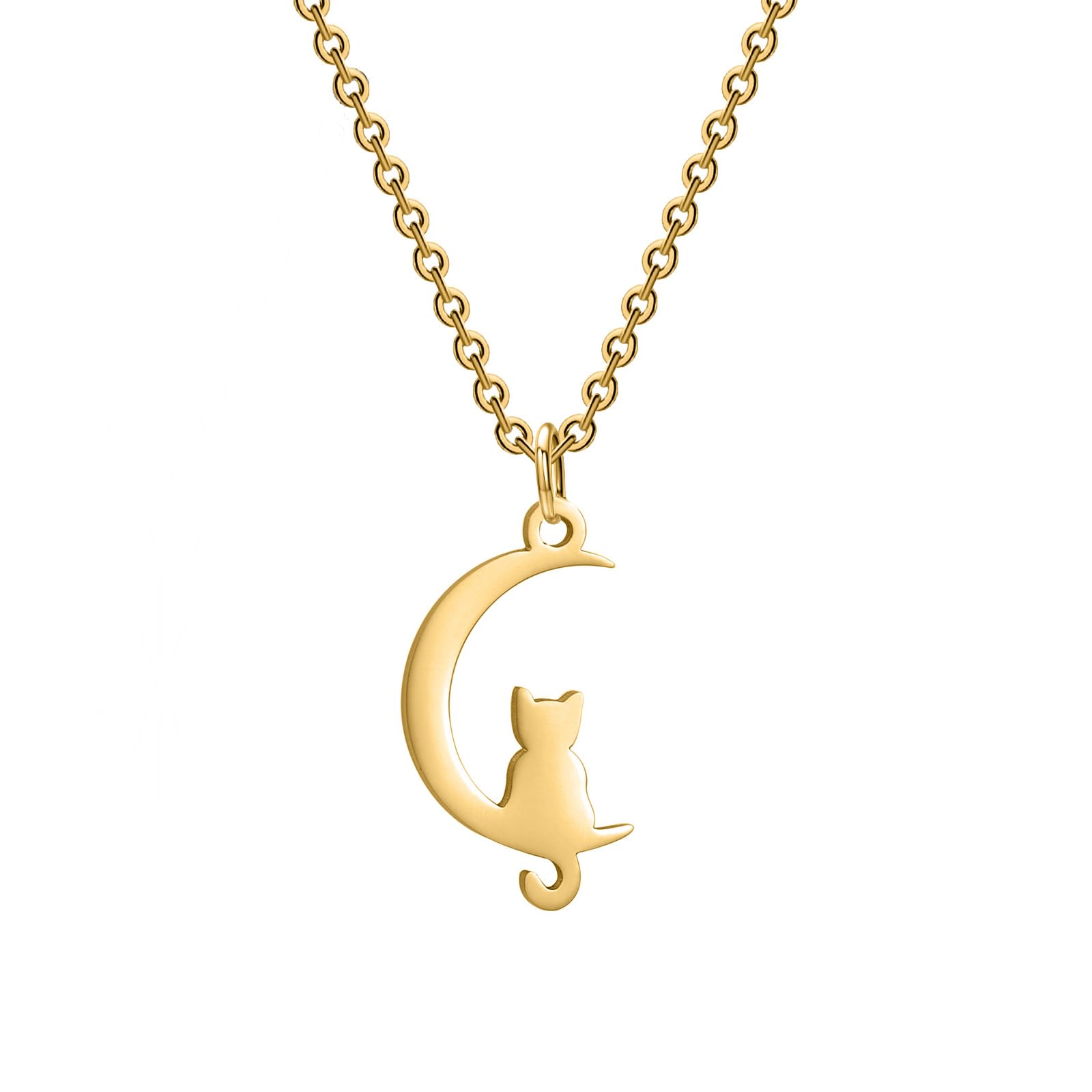 Image of Jewelrywe Women's Adorable Cat Necklace: Golden And Silvery Stainless Steel Cat On Moon Pendant Necklaces For Birthday And Christmas Gifts