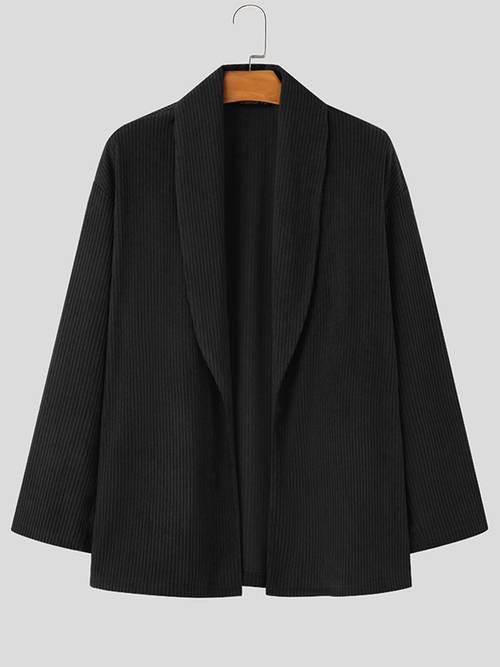 mens solid corduroy kimono cardigan with a shawl collar long sleeves casual outdoor wear in autumn and winter