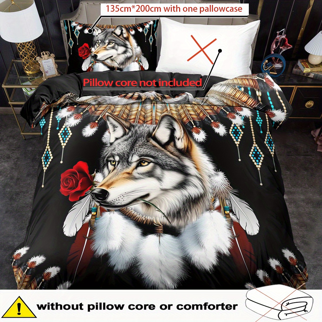 TEMU 2/ 3pcs Quilt Cover Set, Animal Wolf Net Rose Print Duvet Cover Set, Polyester Machine Washable, Quilt Decoration, Bedroom , Birthday Gift