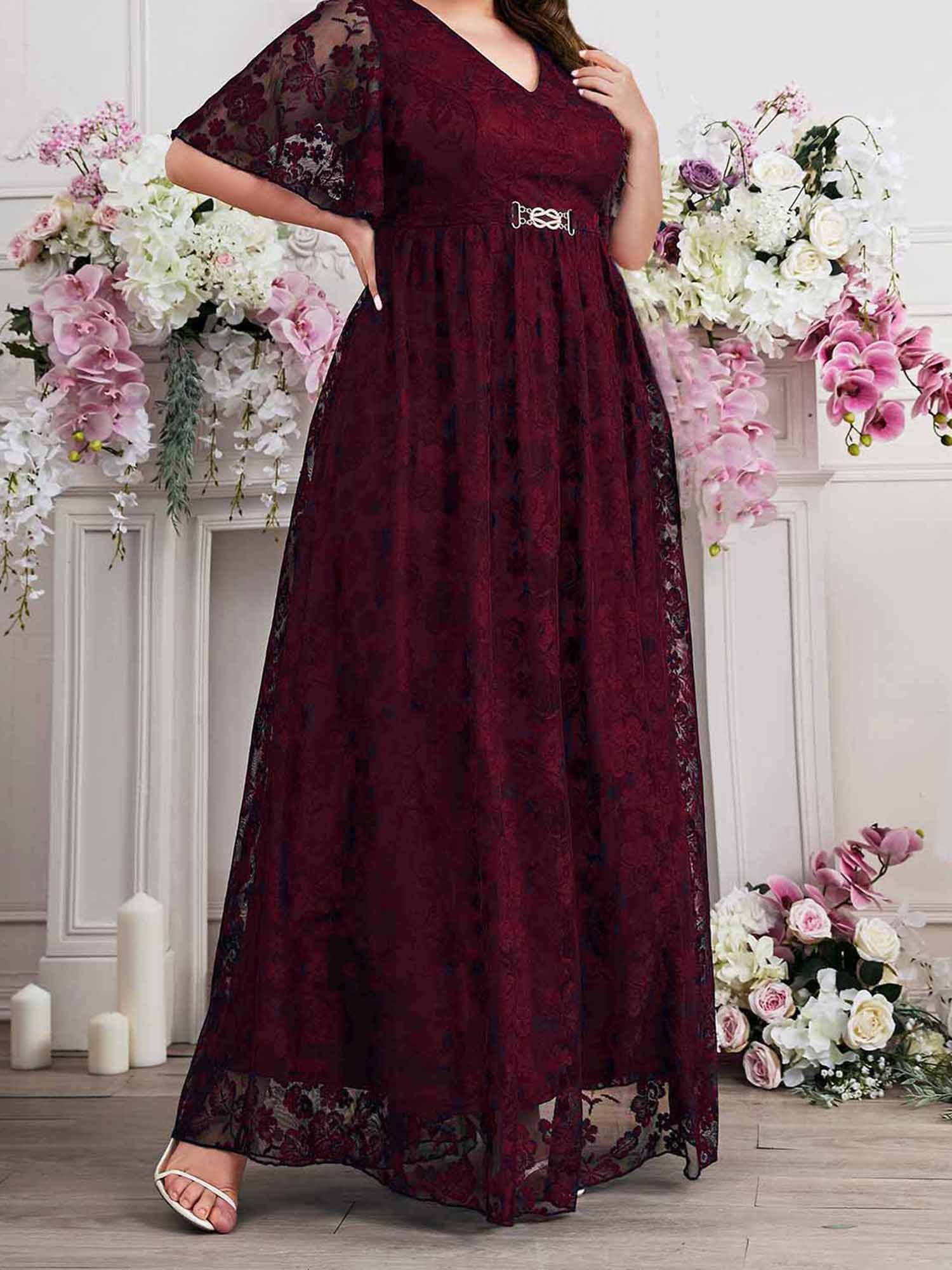 womens floral lace long dress half sleeve v neck plus size - Temu