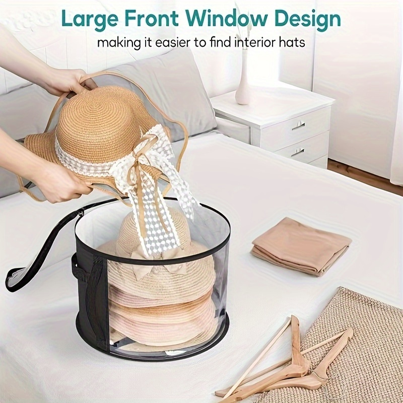 1pc   fabric hat storage organizer round stackable hat container with large front window portable zippered clothes storage basket for beach and brim hats details 3